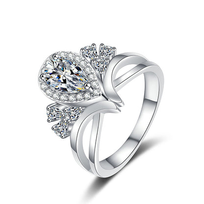 S925 Sterling Silver Pear-Shaped 1ct Moissanite V-Cut Openwork Ring with Fruit Motifs