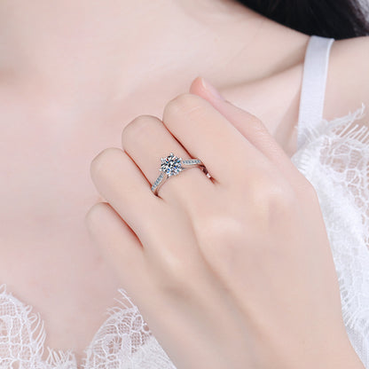 S925 Sterling Silver Six-Prong 1ct Moissanite Ring with Camellia & Cactus Motif