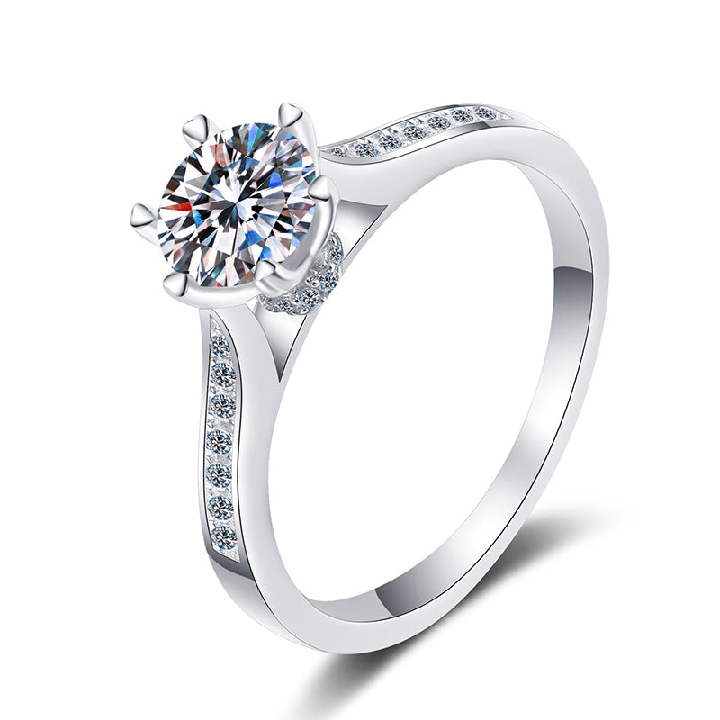S925 Sterling Silver Six-Prong 1ct Moissanite Ring with Camellia & Cactus Motif