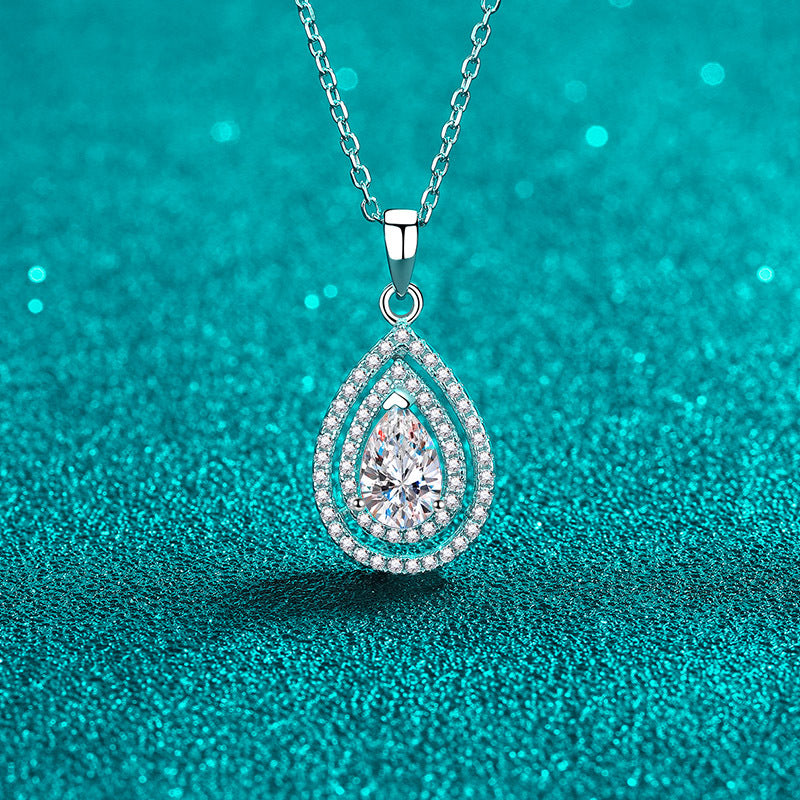 S925 Sterling Silver Teardrop Pendant Necklace - 1CT Moissanite Openwork Pear-Cut Collarbone Chain