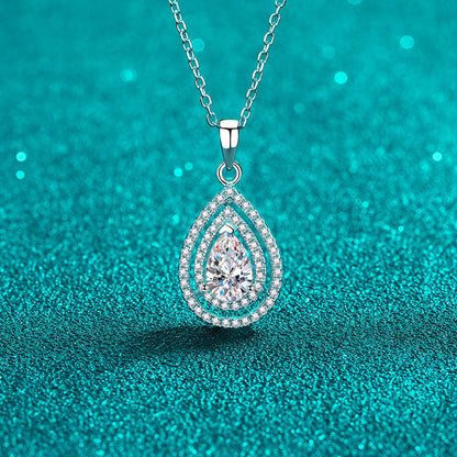 S925 Sterling Silver Teardrop Pendant Necklace - 1CT Moissanite Openwork Pear-Cut Collarbone Chain
