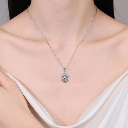 S925 Sterling Silver Teardrop Pendant Necklace - 1CT Moissanite Openwork Pear-Cut Collarbone Chain