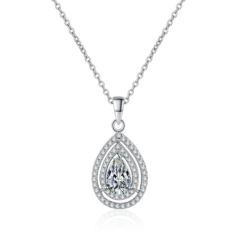 S925 Sterling Silver Teardrop Pendant Necklace - 1CT Moissanite Openwork Pear-Cut Collarbone Chain