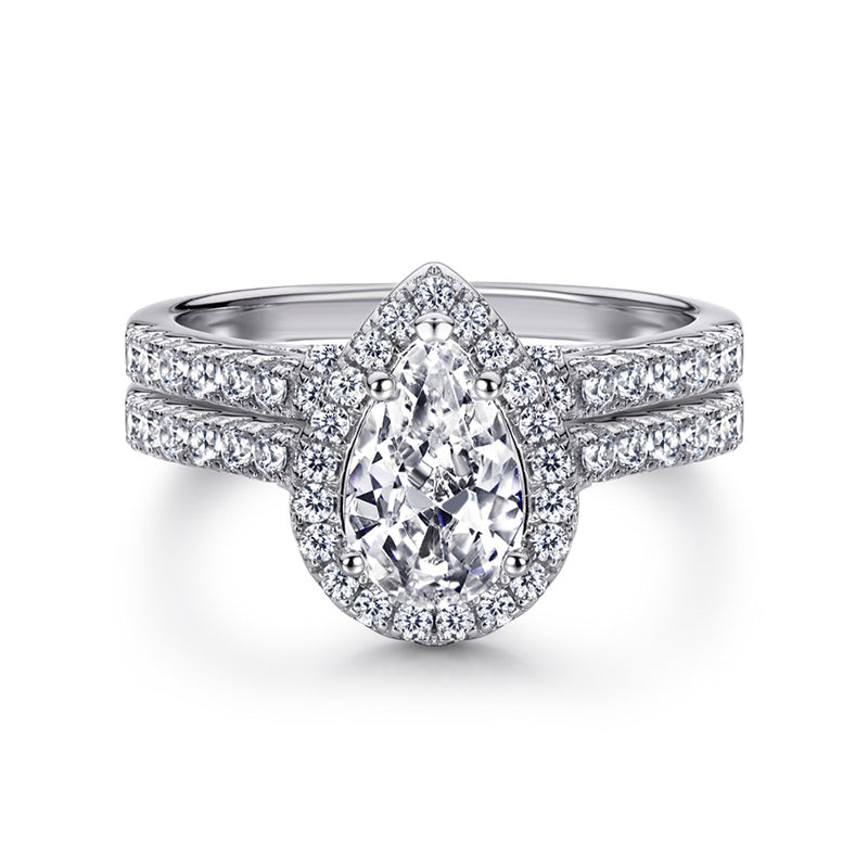 S925 Sterling Silver Teardrop Zirconia Stackable Ring Set - Minimalist Wedding Band Duo in White/Rose Gold