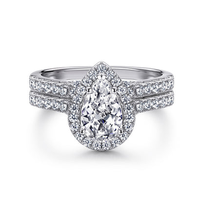 S925 Sterling Silver Teardrop Zirconia Stackable Ring Set - Minimalist Wedding Band Duo in White/Rose Gold