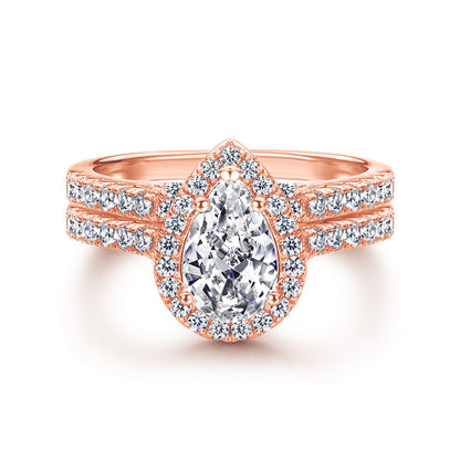 S925 Sterling Silver Teardrop Zirconia Stackable Ring Set - Minimalist Wedding Band Duo in White/Rose Gold