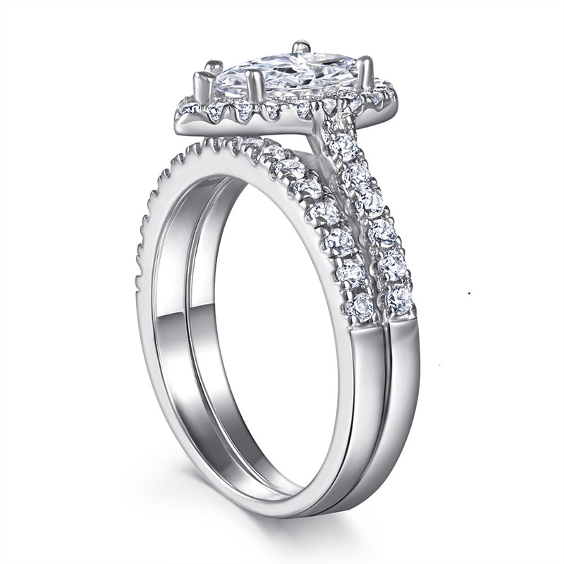 S925 Sterling Silver Teardrop Zirconia Stackable Ring Set - Minimalist Wedding Band Duo in White/Rose Gold