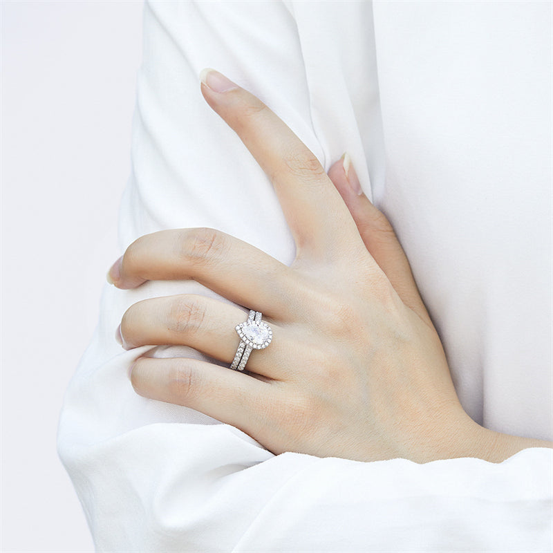 S925 Sterling Silver Teardrop Zirconia Stackable Ring Set - Minimalist Wedding Band Duo in White/Rose Gold