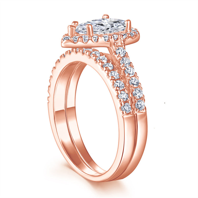 S925 Sterling Silver Teardrop Zirconia Stackable Ring Set - Minimalist Wedding Band Duo in White/Rose Gold