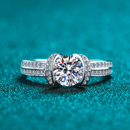 S925 Sterling Silver U-Shaped Full Pavé 1ct Moissanite Ring with Lily Motifs