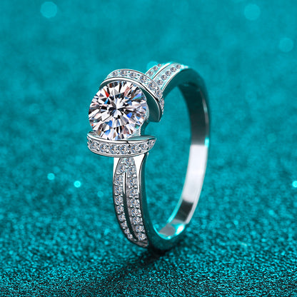 S925 Sterling Silver U-Shaped Full Pavé 1ct Moissanite Ring with Lily Motifs