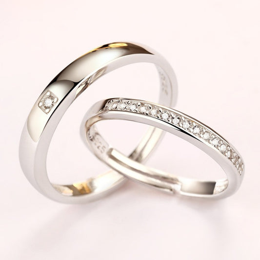 925 Sterling Silver Pave Zircon Couple Rings - Adjustable Korean-Style Matching Set