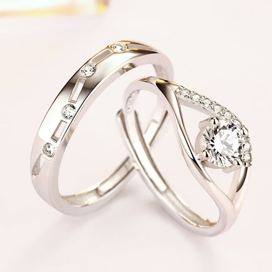 Adjustable Zircon Couple Rings Set - 925 Sterling Silver Geometric Wedding Bands