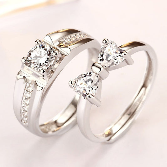 Bow & Heart Couple Rings - 925 Sterling Silver 8-Hearts & Arrows Zircon Matching Set