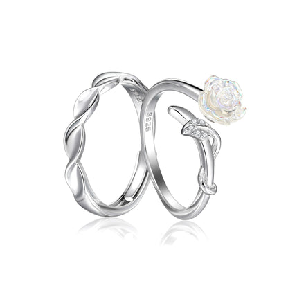 Camellia Flower Couple Rings - 925 Sterling Silver Botanical Matching Set