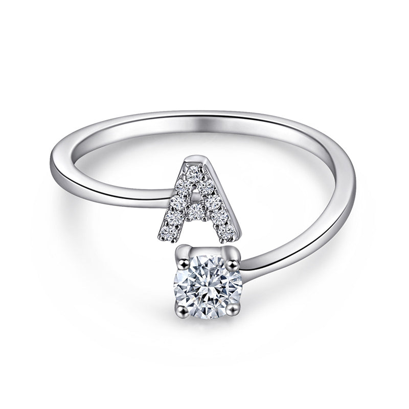 Personalized Initial 925 Silver Ring - Adjustable Alphabet Letter Band with Zirconia