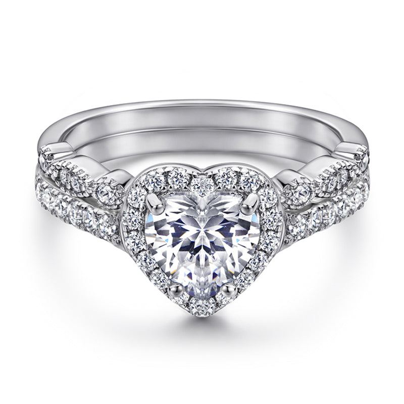 Heart-Shaped 925 Silver Ring Set - Romantic Zirconia Bridal Stack