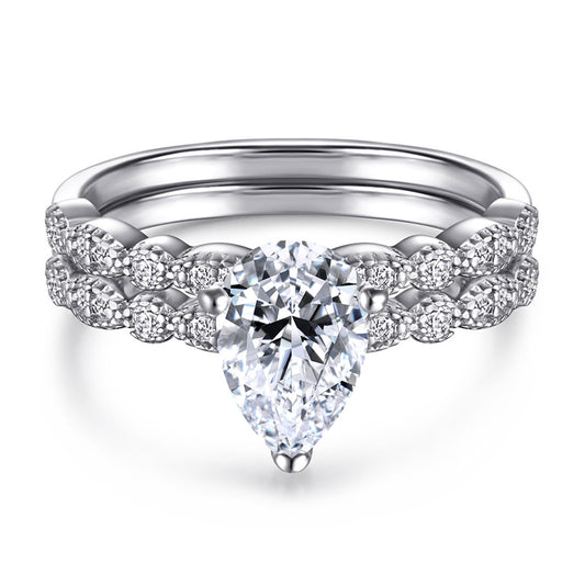 S925 Sterling Silver Teardrop Wedding Ring Set - Elegant Stackable Bridal Jewelry
