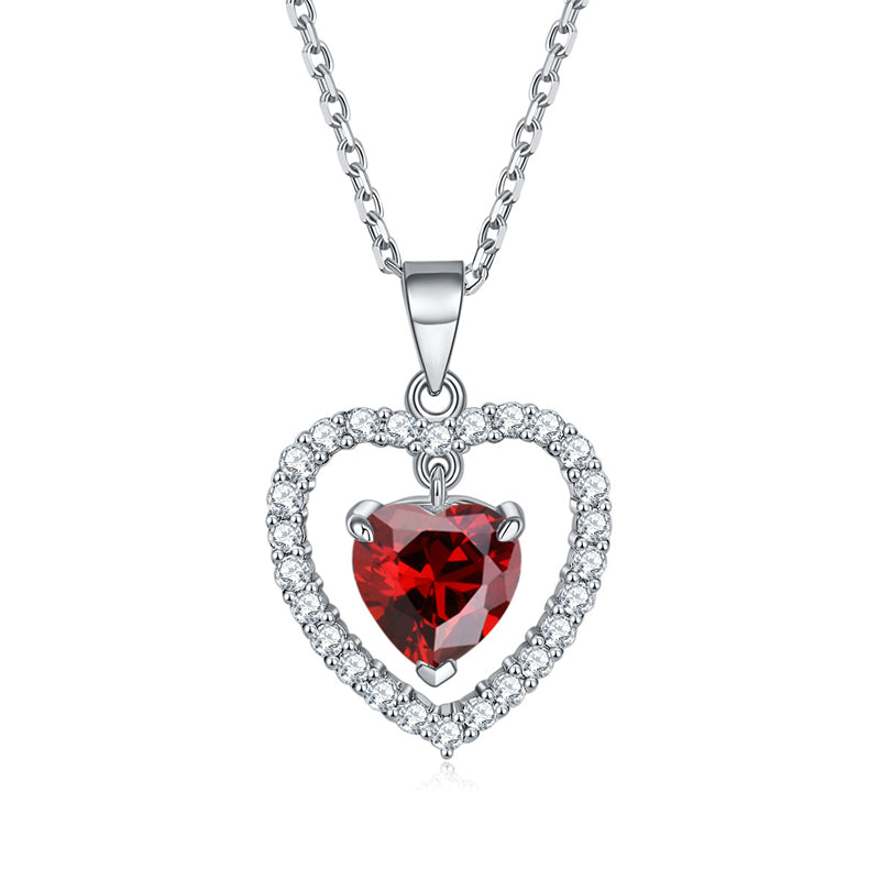 925 Sterling Silver Heart Birthstone Necklace - Romantic Ruby Zircon Pendant