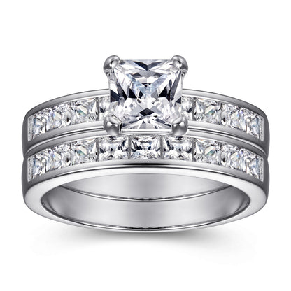 925 Sterling Silver Zircon Engagement Ring Set - Square Cut Wedding Band Jewelry for Women