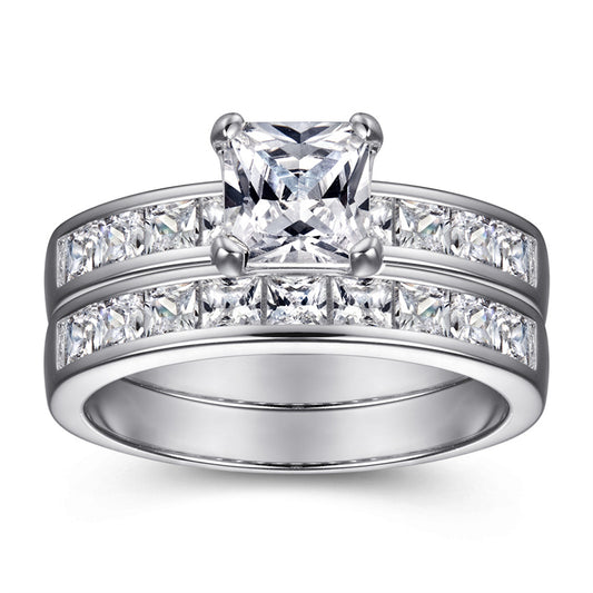 925 Sterling Silver Zircon Engagement Ring Set - Square Cut Wedding Band Jewelry for Women