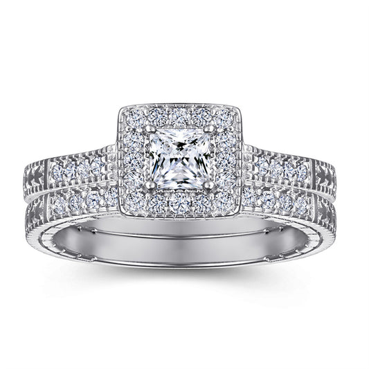 Square Zircon Stackable Ring Set - 925 Sterling Silver Geometric Two-Piece Wedding Band for Women