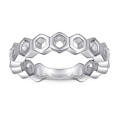 Hexagonal Honeycomb 925 Silver Ring - Geometric Openwork Band in Three Finishes