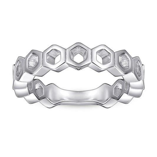 Hexagonal Honeycomb 925 Silver Ring - Geometric Openwork Band in Three Finishes