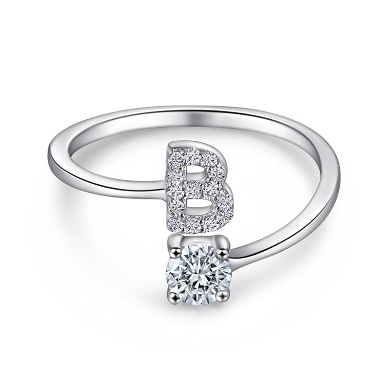 Personalized Initial 925 Silver Ring - Adjustable Alphabet Letter Band with Zirconia