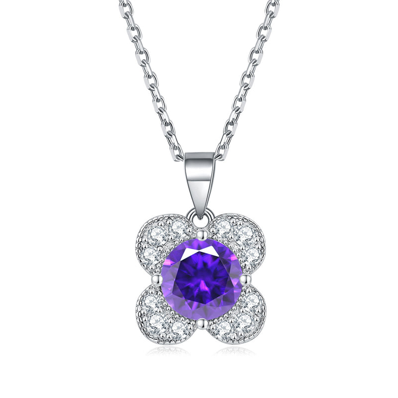 925 Sterling Silver Floral Birthstone Pendant Necklace - Four-Leaf Clover Charm Jewelry