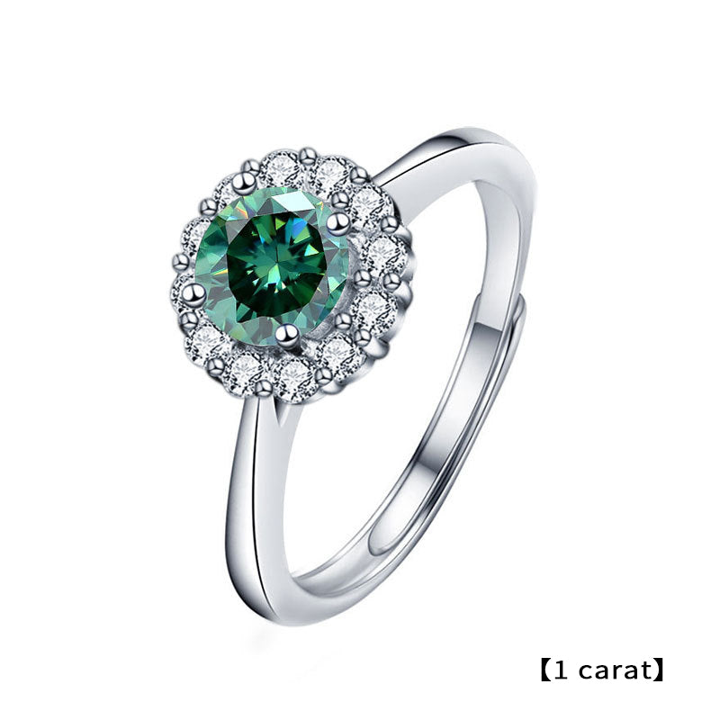 Adjustable Sunflower Geometric 925 Silver Ring with 1ct/2ct D Color White/Green Moissanite Heavy 0.05um Rhodium Plated