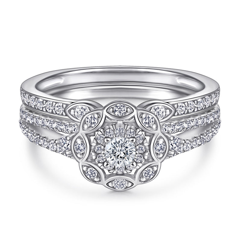 Floral 925 Silver Ring Set - Versatile Bridal Stack with Zirconia Accents