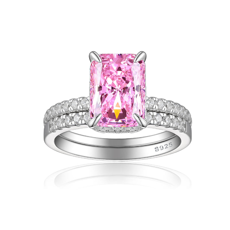 4ct Square Gemstone 925 Silver Stackable Ring Set - Luxe Flame & Ice-Cut European Style Band Collection