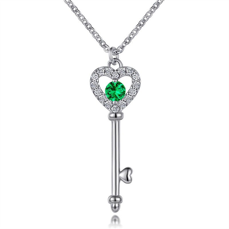 925 Sterling Silver Birthstone Key Necklace - Romantic Heart Lock Pendant
