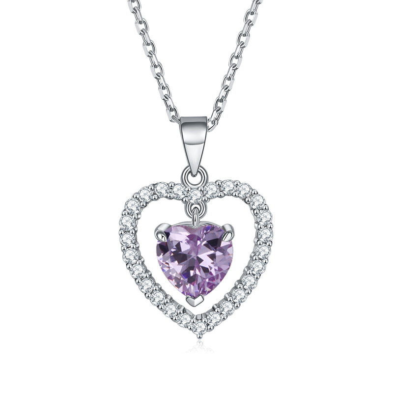 925 Sterling Silver Heart Birthstone Necklace - Romantic Ruby Zircon Pendant
