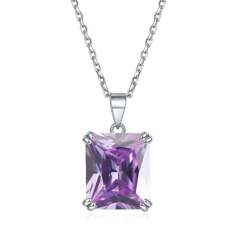 925 Sterling Silver Rectangular Zircon Pendant Necklace - Minimalist Birthstone Collarbone Chain