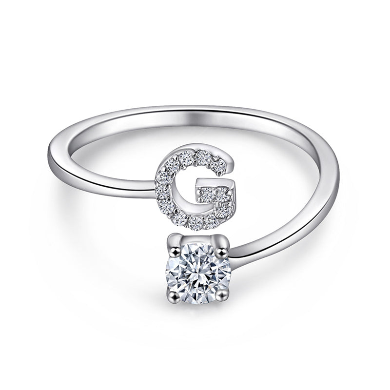 Personalized Initial 925 Silver Ring - Adjustable Alphabet Letter Band with Zirconia