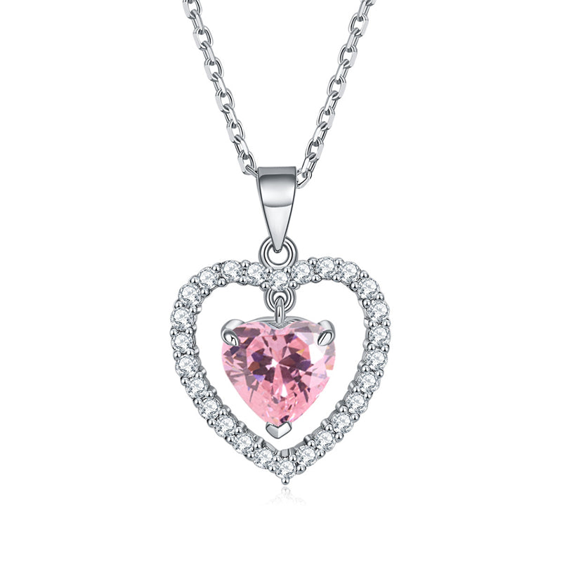 925 Sterling Silver Heart Birthstone Necklace - Romantic Ruby Zircon Pendant