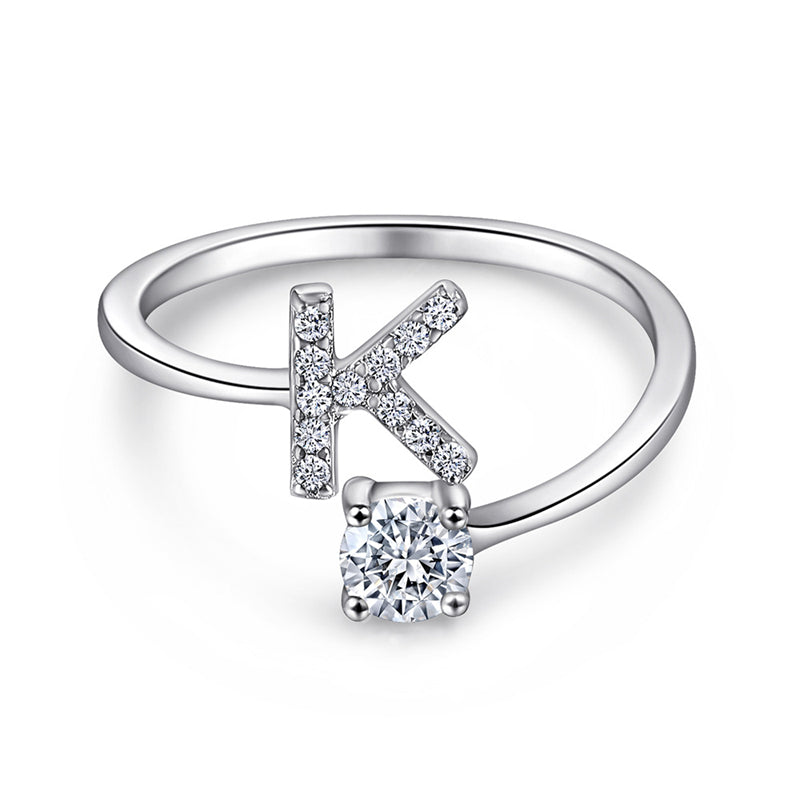 Personalized Initial 925 Silver Ring - Adjustable Alphabet Letter Band with Zirconia