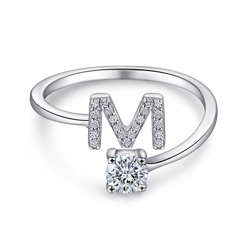 Personalized Initial 925 Silver Ring - Adjustable Alphabet Letter Band with Zirconia
