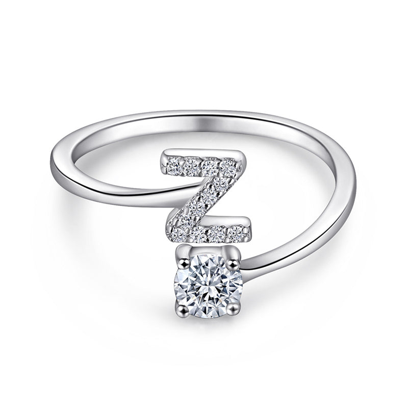 Personalized Initial 925 Silver Ring - Adjustable Alphabet Letter Band with Zirconia