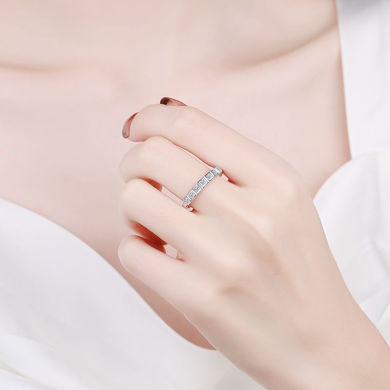 Seven-Stone Princess Cut Moissanite Eternity Band in 925 Sterling Silver | Delicate Stacking Ring