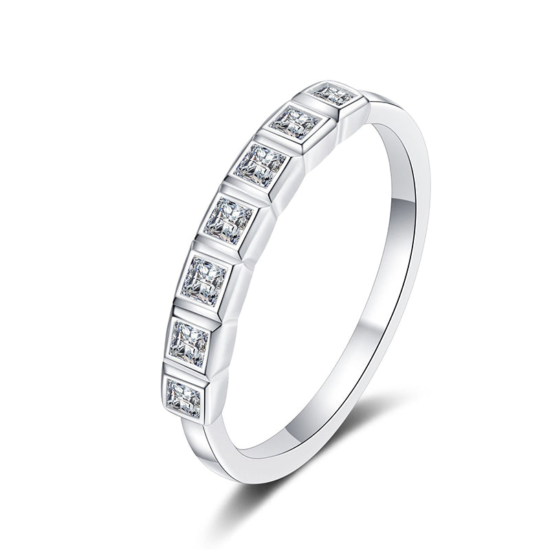Seven-Stone Princess Cut Moissanite Eternity Band in 925 Sterling Silver | Delicate Stacking Ring