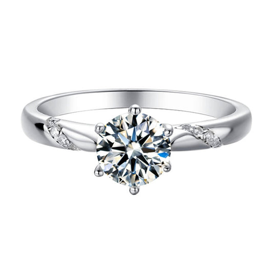 Six-Prong Halo Moissanite Ring - 925 Sterling Silver Pavé Diamond Accent Engagement Jewelry