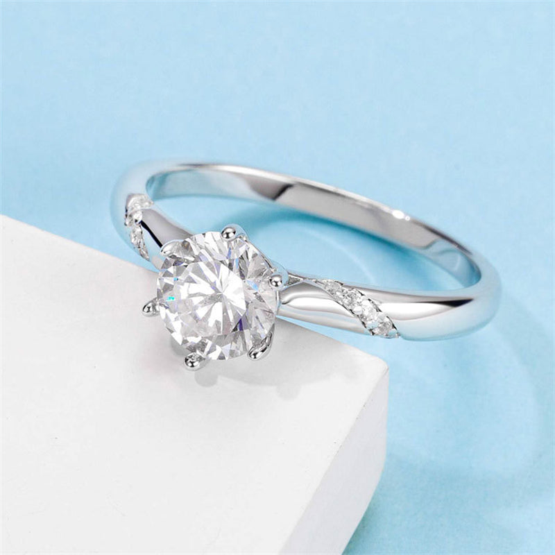 Six-Prong Halo Moissanite Ring - 925 Sterling Silver Pavé Diamond Accent Engagement Jewelry