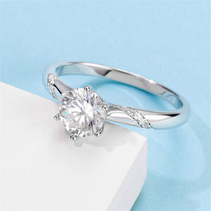 Six-Prong Halo Moissanite Ring - 925 Sterling Silver Pavé Diamond Accent Engagement Jewelry