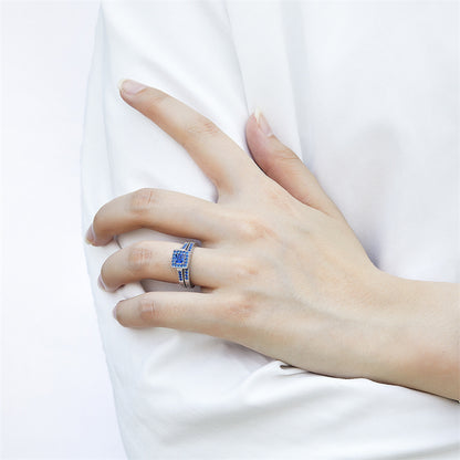 Square Zircon Stackable Ring Set - 925 Sterling Silver Geometric Two-Piece Wedding Band for Women