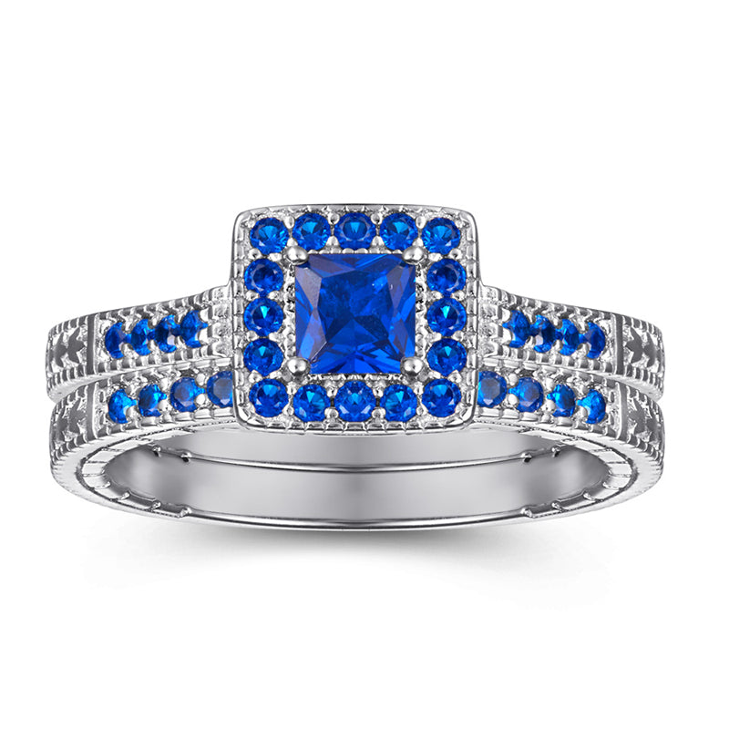 Square Zircon Stackable Ring Set - 925 Sterling Silver Geometric Two-Piece Wedding Band for Women