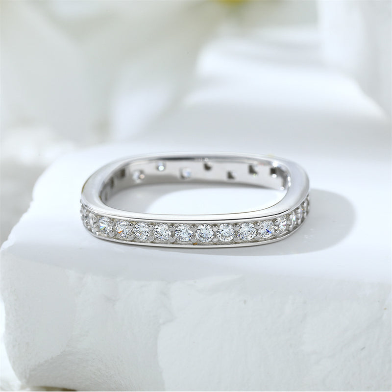 Square & Circle 925 Silver Ring - Geometric Full Pavé Zirconia Band