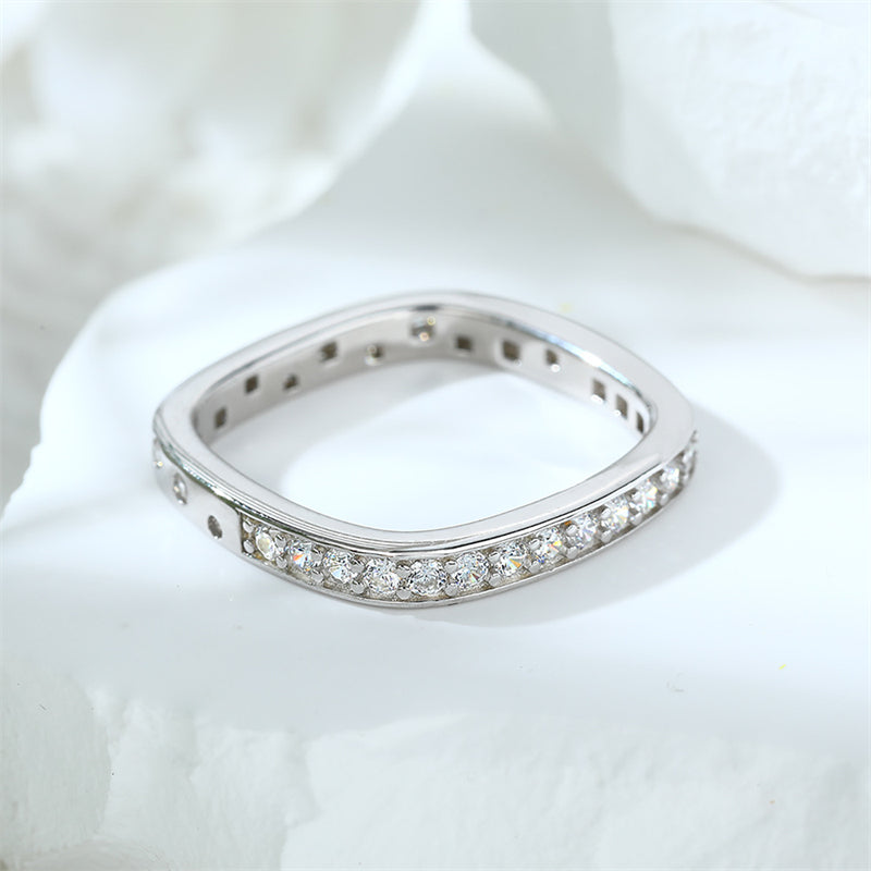 Square & Circle 925 Silver Ring - Geometric Full Pavé Zirconia Band